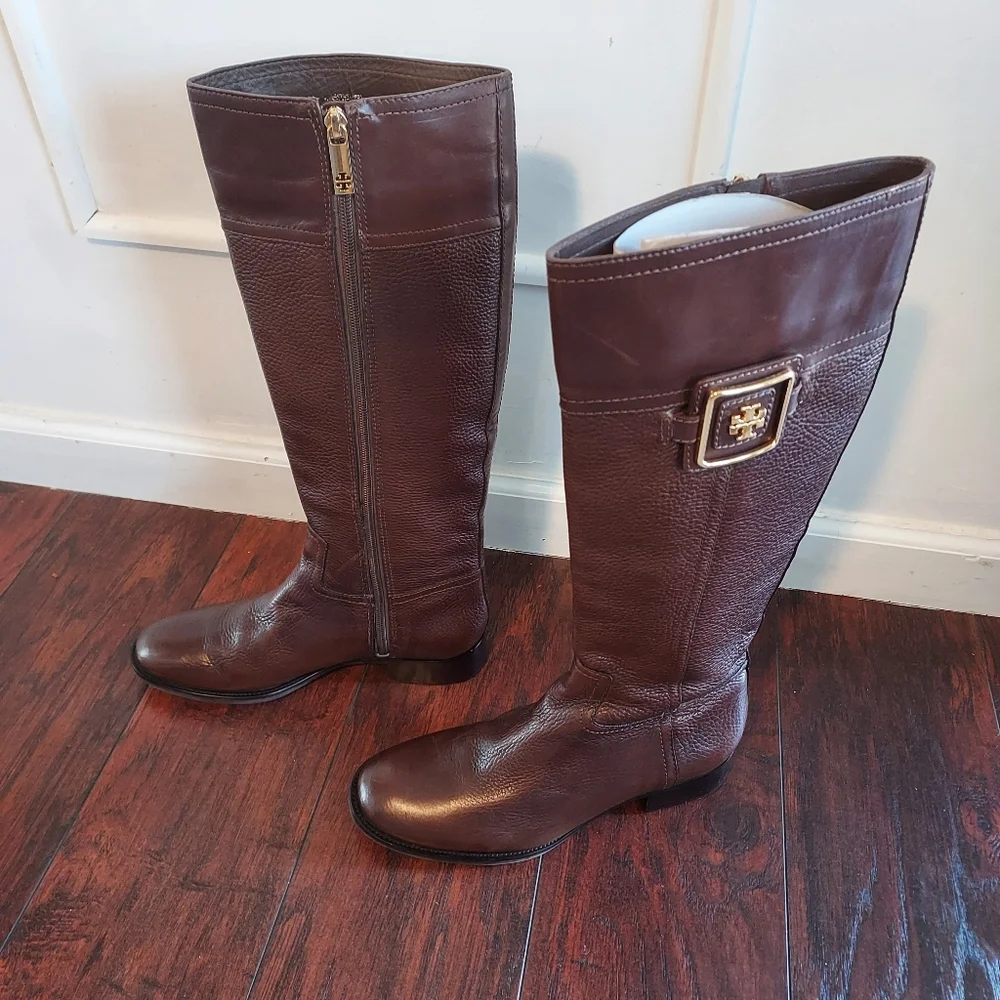 Tory Burch Julian Deep Brown Pebble Leather Riding Boots with Equestrian Style